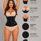 A woman modeling a black waist trainer corset with beige underwear against a light gray background, with six callout circles and text describing features such as low back and long front coverage, deep U design, full cover back, adjustable hooks, steel bones, and non-slip hem.