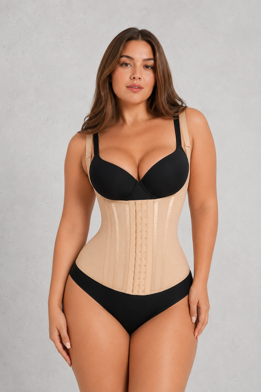 A plus-size model wearing a beige structured waist trainer corset with black underwired bra and black briefs, standing against a textured light gray studio background.