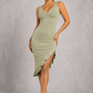 Sculp Shaping Bodycon Dress - Tummy Control V-Neck Dress with Built-In Bra & Ruffle Hem