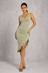 Sculp Shaping Bodycon Dress - Tummy Control V-Neck Dress with Built-In Bra & Ruffle Hem