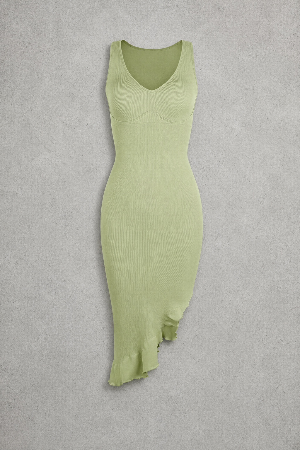 Sculp Shaping Bodycon Dress - Tummy Control V-Neck Dress with Built-In Bra & Ruffle Hem