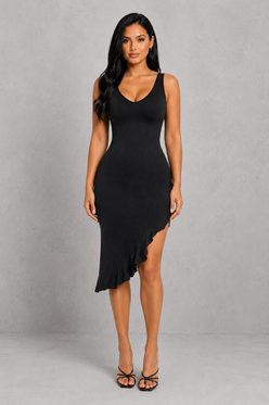 Sculp Shaping Bodycon Dress - Tummy Control V-Neck Dress with Built-In Bra & Ruffle Hem