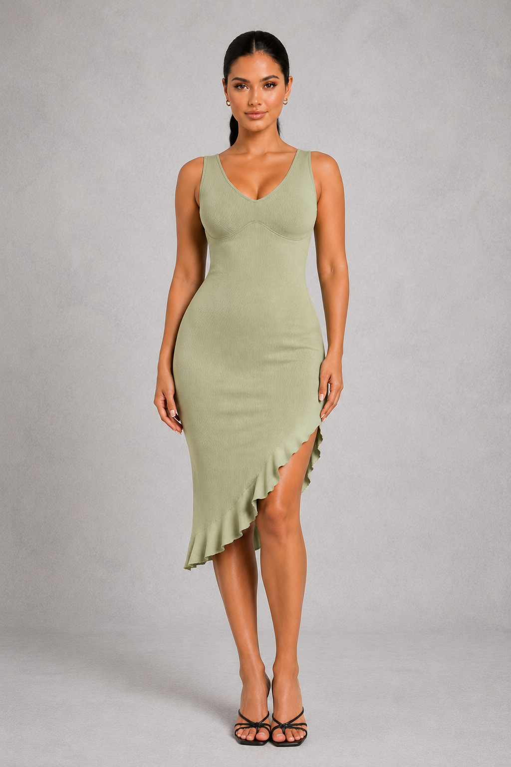Sculp Shaping Bodycon Dress - Tummy Control V-Neck Dress with Built-In Bra & Ruffle Hem