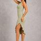 Sculp Shaping Bodycon Dress - Tummy Control V-Neck Dress with Built-In Bra & Ruffle Hem