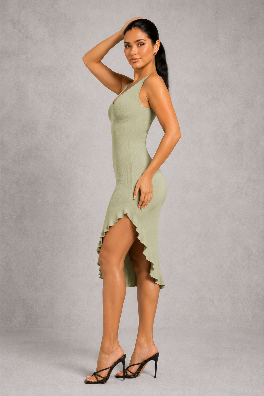 Sculp Shaping Bodycon Dress - Tummy Control V-Neck Dress with Built-In Bra & Ruffle Hem