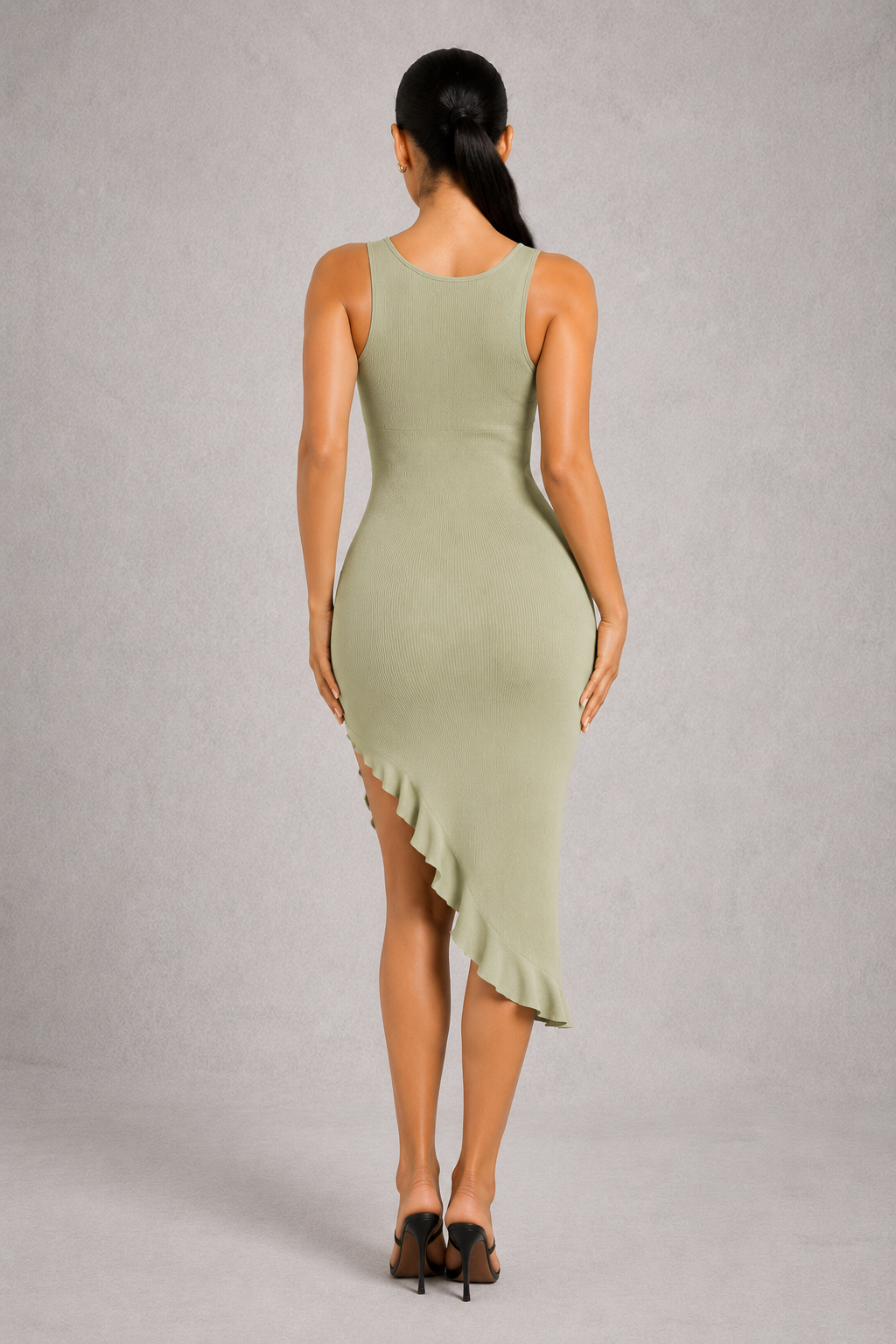 Sculp Shaping Bodycon Dress - Tummy Control V-Neck Dress with Built-In Bra & Ruffle Hem