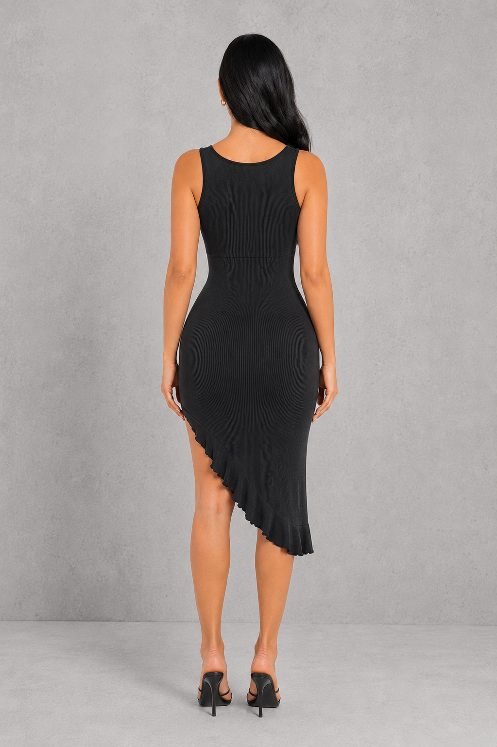 Sculp Shaping Bodycon Dress - Tummy Control V-Neck Dress with Built-In Bra & Ruffle Hem
