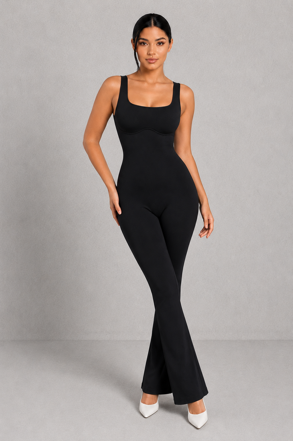 Sculp Square Neck Shaping Flare Jumpsuit - Seamless Tummy Control One Piece