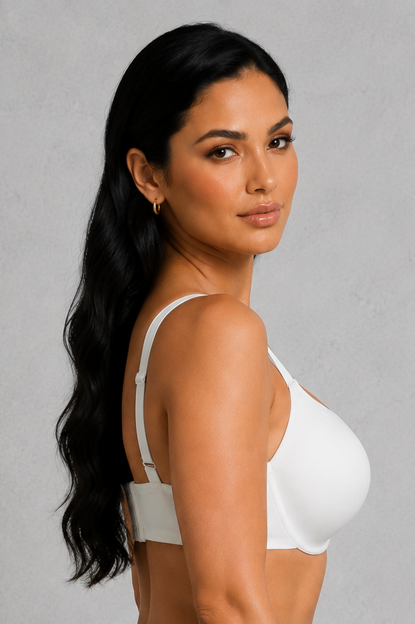 A woman posing in a white sports bra and black high-waisted athletic shorts against a textured gray studio background.