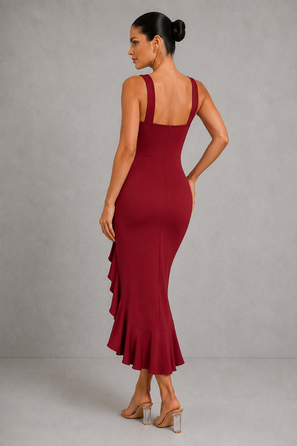 Sculp Shaping Bodycon Dress - Tummy Control V-Neck Dress with Ruffle Hem