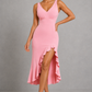 Sculp Shaping Bodycon Dress - Tummy Control V-Neck Dress with Ruffle Hem