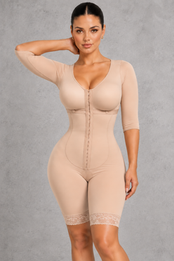 Sculp Colombian faja with arm control in nude, hook-front closure