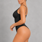 Sculp deep V underwire thong bodysuit in black, corset seam detail