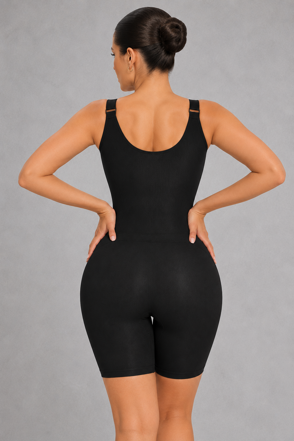 Sculp seamless zip-front mid-thigh shaping bodysuit in black, back view with butt lift