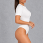 Sculp Ribbed Short Sleeve Bodysuit – Round Neck Everyday Top – White, side