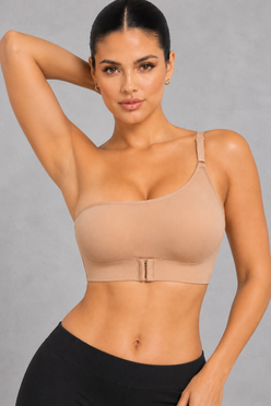 Sculp One-Shoulder Seamless Bra in Tan – front