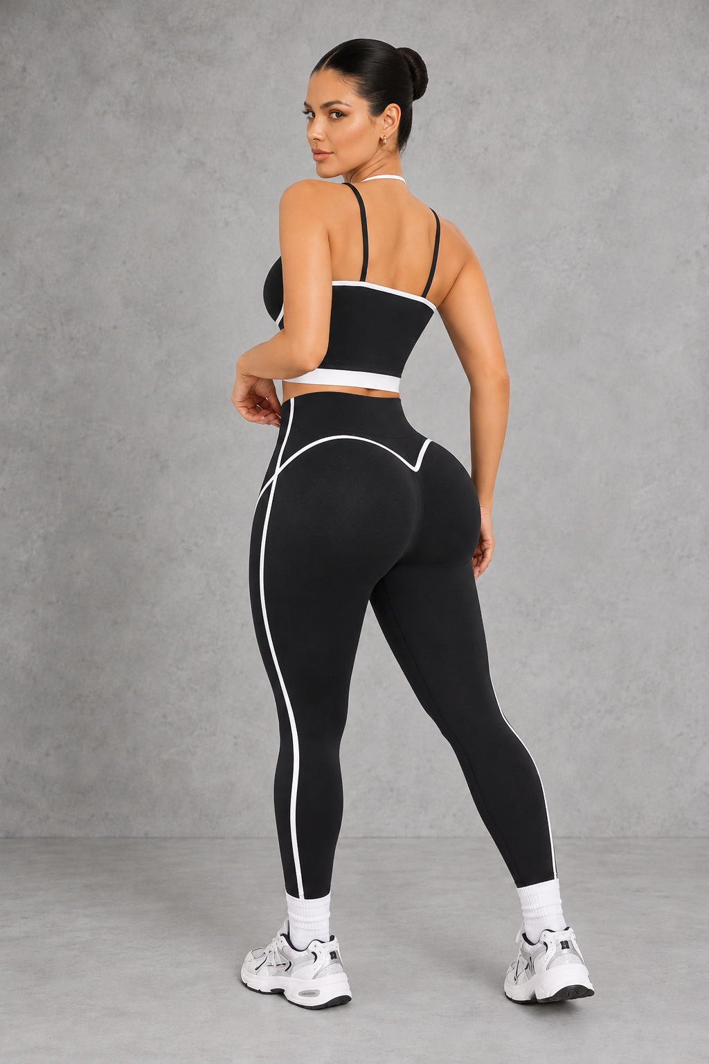Sculp Contrast Trim Sports Bra & Bum Lift Leggings Set in Black – back view of bum lift leggings