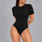 Sculp Ribbed Short Sleeve Bodysuit – Round Neck Everyday Top – Black