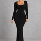 Sculp 2-in-1 long sleeve square neck shapewear maxi dress in black – front view