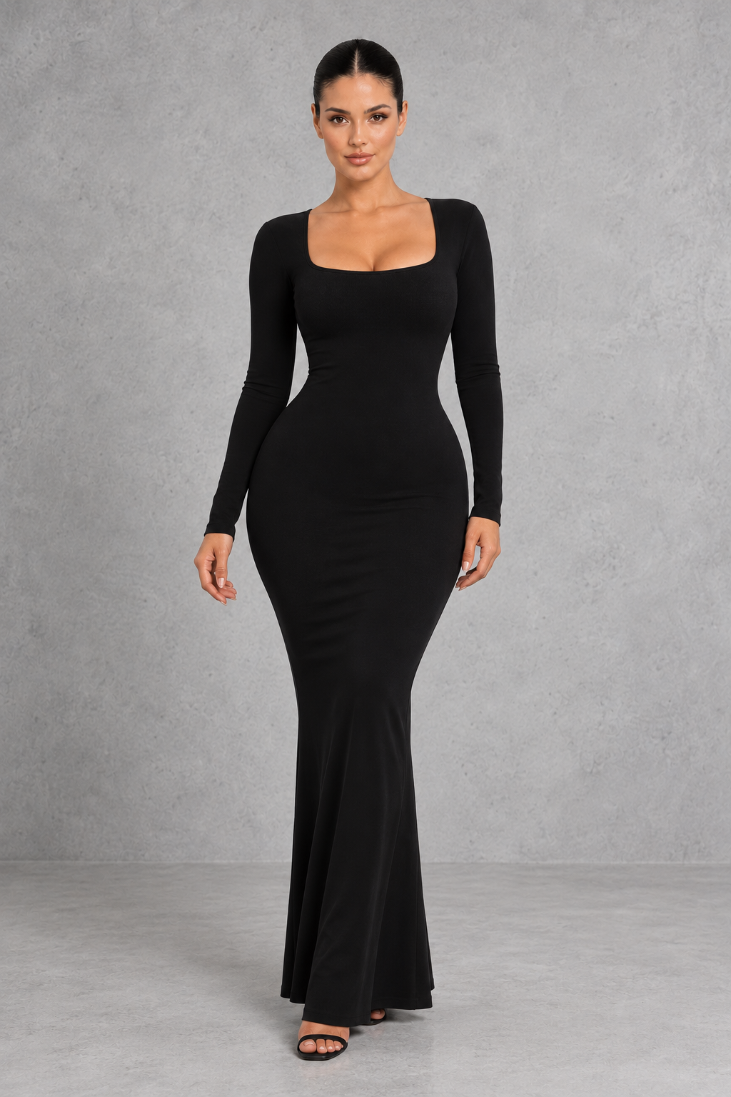 Sculp 2-in-1 long sleeve square neck shapewear maxi dress in black – front view