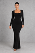 Sculp 2-in-1 long sleeve square neck shapewear maxi dress in black – front view