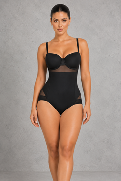 Sculp underwire push-up shaping bodysuit in black, front view