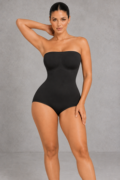 Sculp seamless strapless brief shaping bodysuit in black, front view
