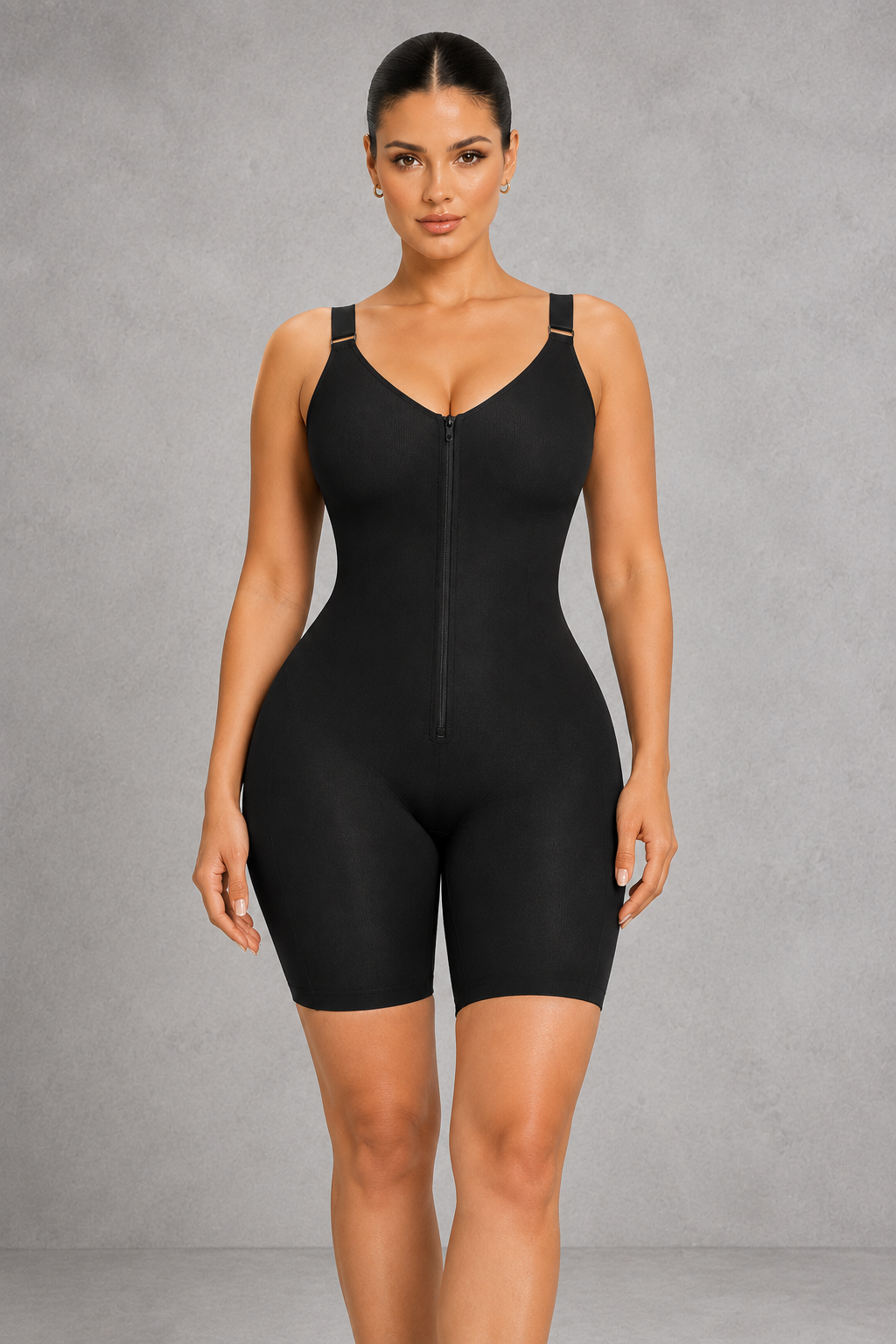 Sculp seamless zip-front mid-thigh shaping bodysuit in black