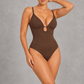 Sculp deep V keyhole thong shaping bodysuit in brown, front view