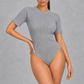Sculp Ribbed Short Sleeve Bodysuit – Round Neck Everyday Top – Grey