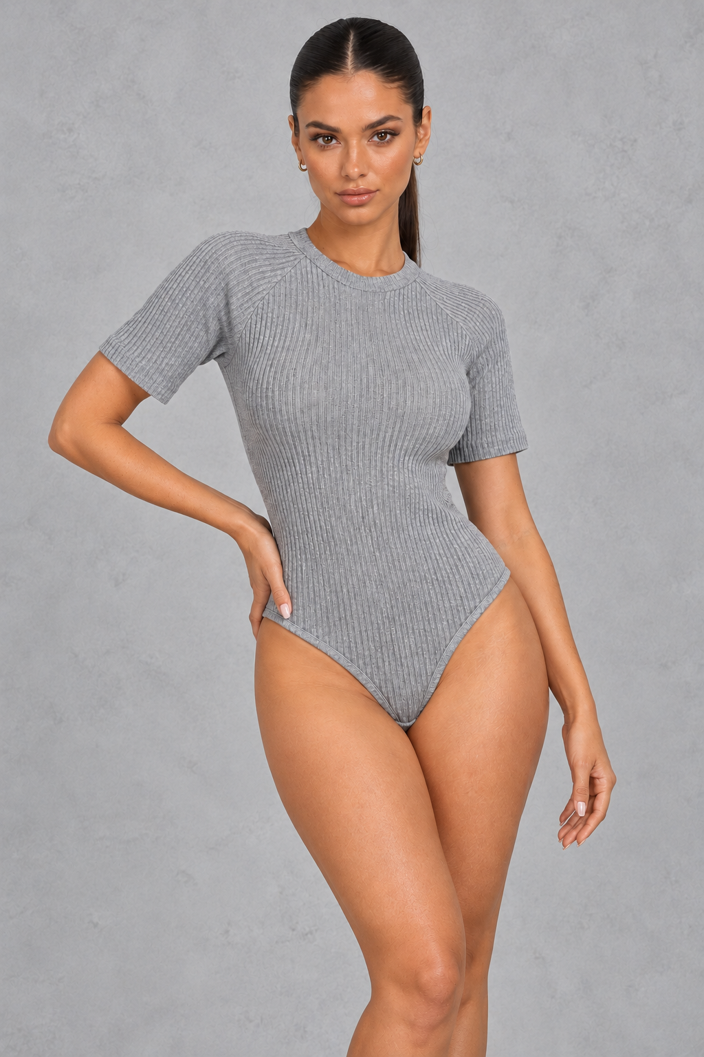 Sculp Ribbed Short Sleeve Bodysuit – Round Neck Everyday Top – Grey
