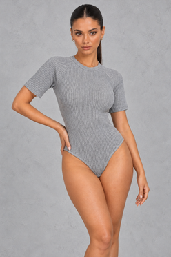 Sculp Ribbed Short Sleeve Bodysuit – Round Neck Everyday Top – Grey