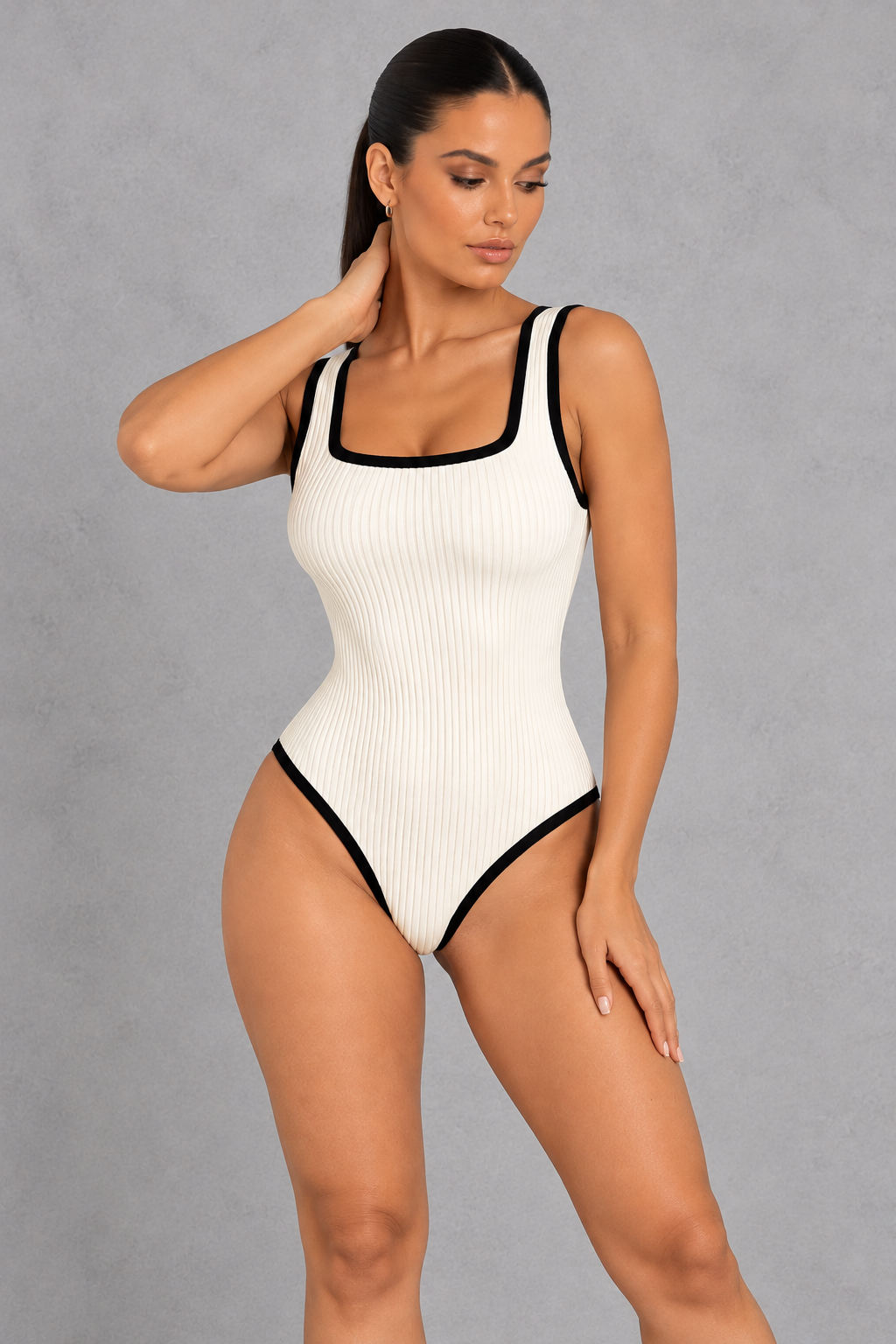 Sculp Ribbed Square Neck Bodysuit – Contrast Trim Sleeveless Top – Cream