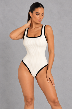 Sculp Ribbed Square Neck Bodysuit – Contrast Trim Sleeveless Top – Cream