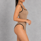 Sculp Ribbed Square Neck Bodysuit – Contrast Trim Sleeveless Top – Taupe, side