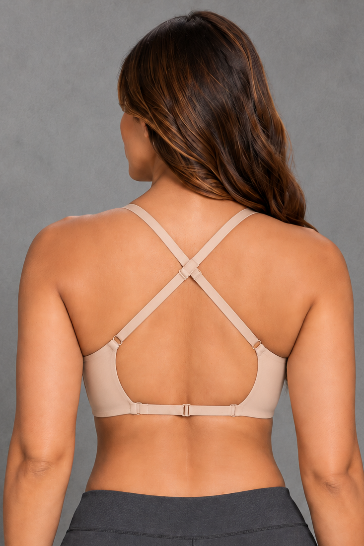 Sculp Low Back Plunge Push-Up Bra in Nude, back view with crossover straps