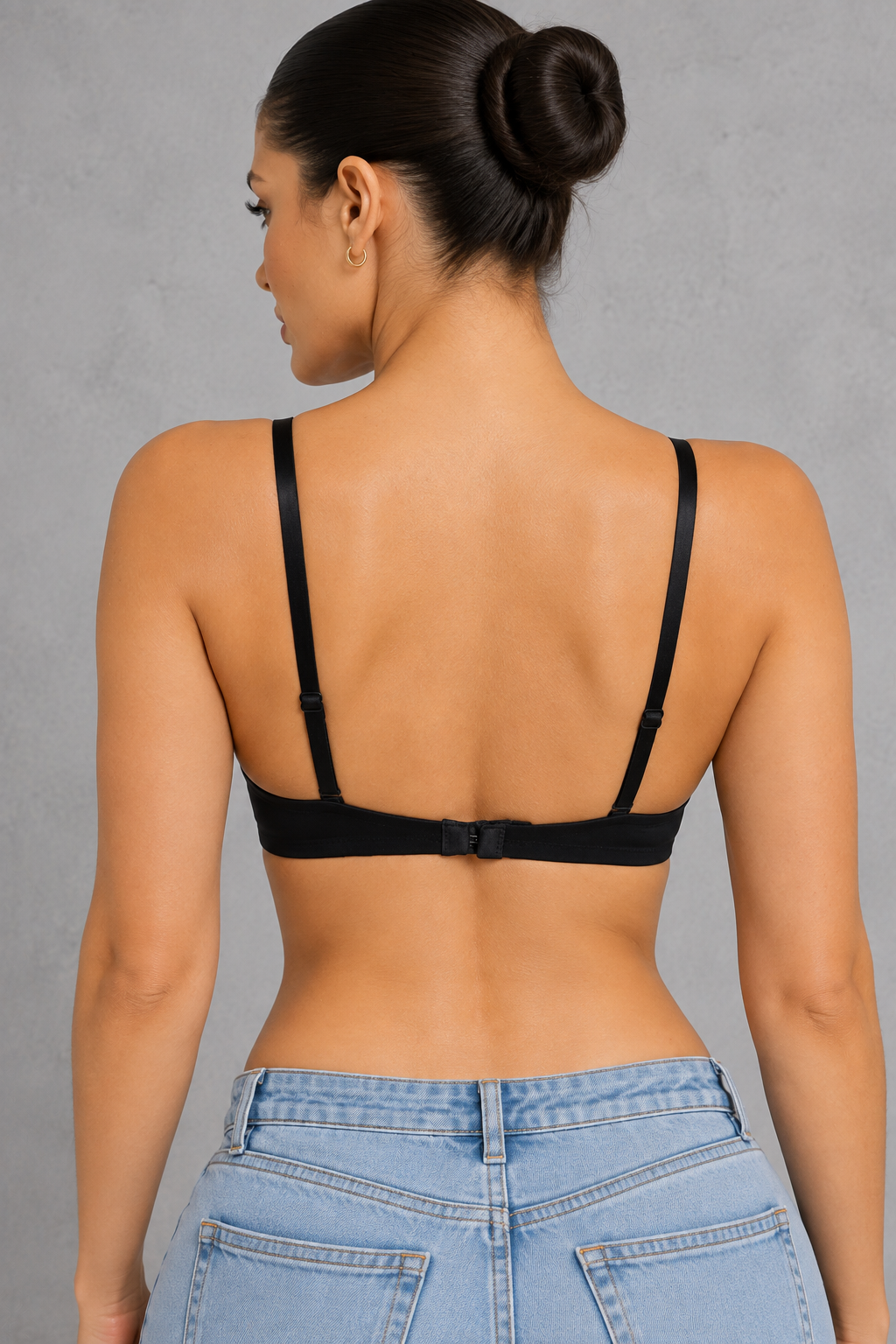 Sculp black deep U plunge push-up bra worn with jeans