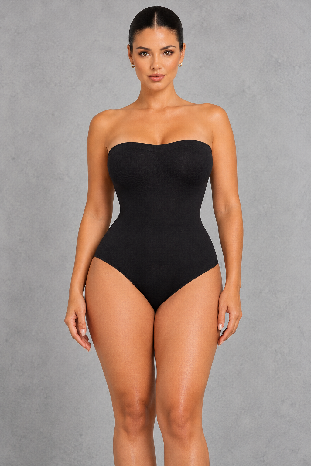 Sculp strapless high-leg compression bodysuit in black, front view
