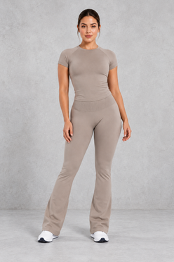 Sculp Fitted T-Shirt & Flared Leggings Set in Taupe – front view