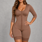 Sculp Colombian Faja Bodysuit in Brown, front view with hook-front closure