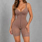 Sculp Front-Zip Mid-Thigh Shaping Bodysuit in Brown, front view with zip