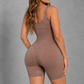 Sculp Front-Zip Mid-Thigh Shaping Bodysuit in Brown, back view with butt lift