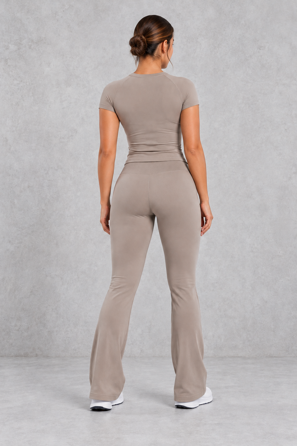 Sculp Fitted T-Shirt & Flared Leggings Set in Taupe – back view