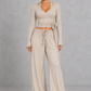 Sculp Wrap Top & Wide Leg Joggers Lounge Set in Linen – front view with tie-front wrap top