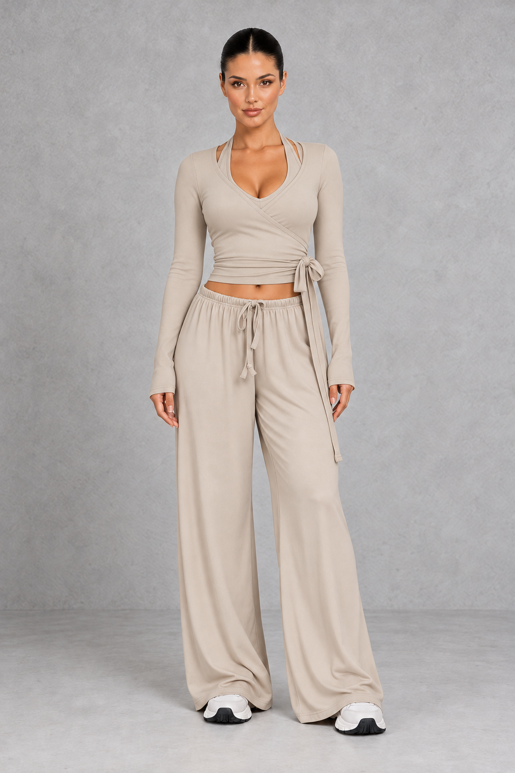Sculp Wrap Top & Wide Leg Joggers Lounge Set in Linen – front view with tie-front wrap top