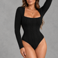 Sculp Square Neck Cable Knit Bodysuit in Black – front