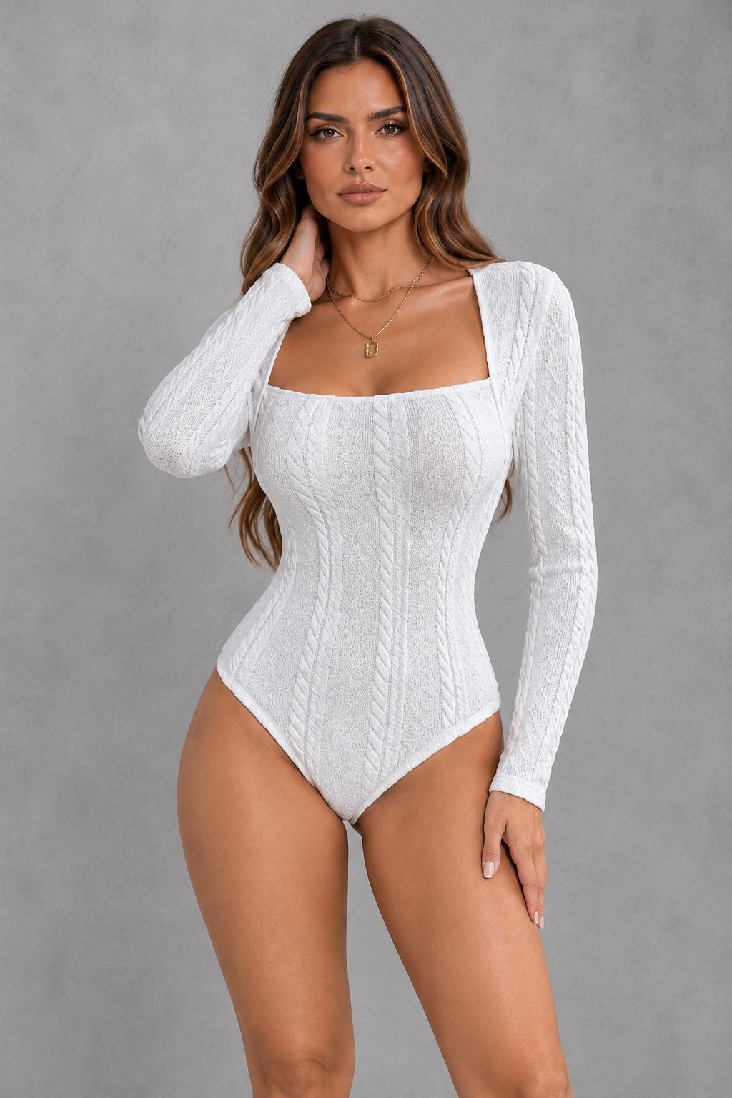 Sculp Square Neck Cable Knit Bodysuit in White – front