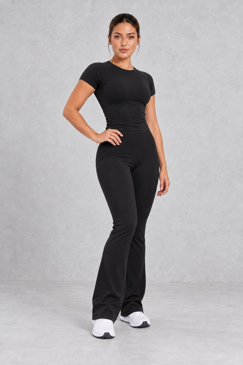 Sculp Fitted T-Shirt & Flared Leggings Set in Black – three-quarter view