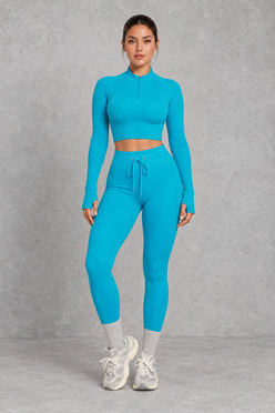 Sculp Ribbed Half-Zip Gym Co-Ord in Turquoise – front view