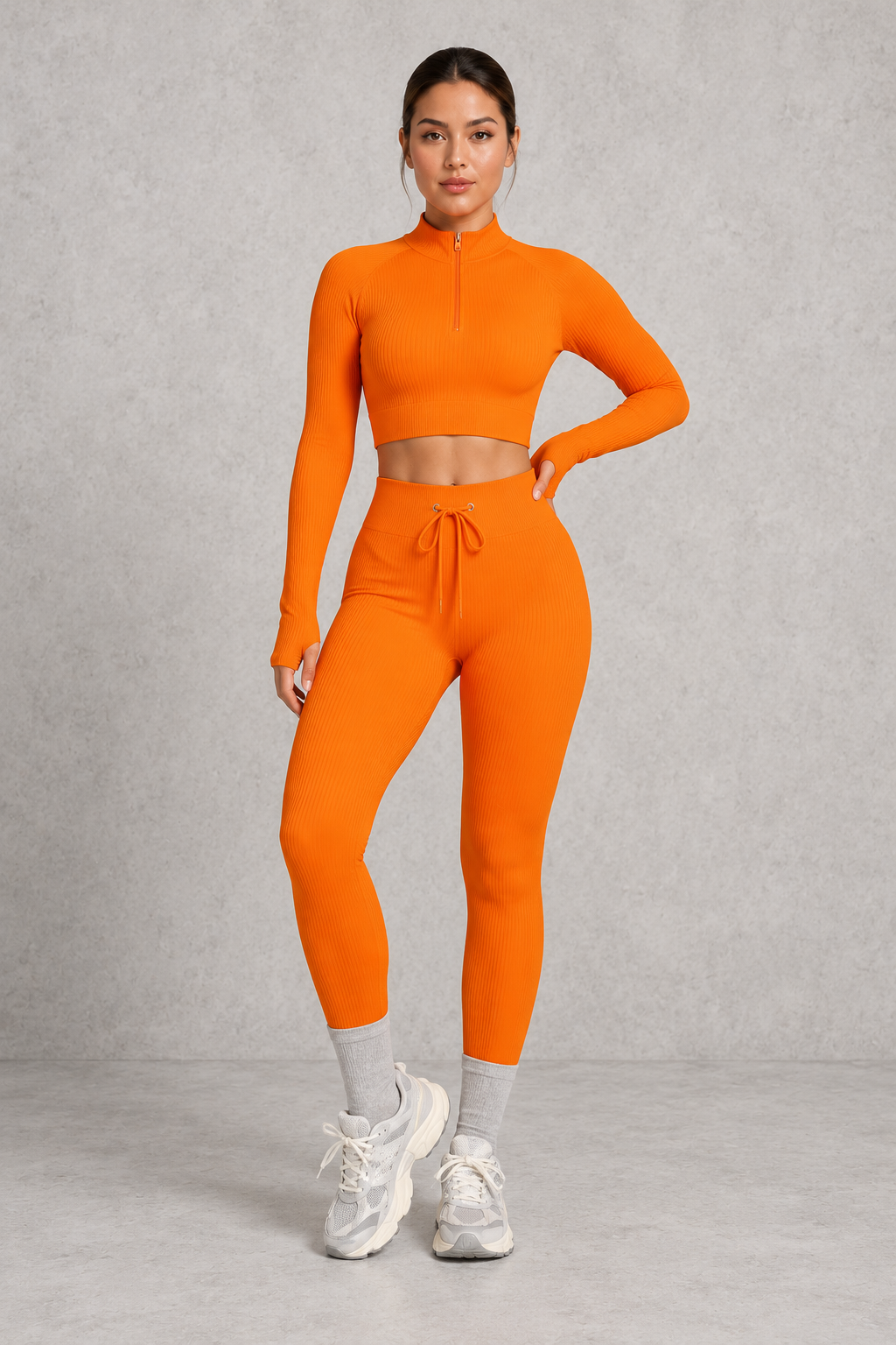 Sculp Ribbed Half-Zip Gym Co-Ord in Orange – front view